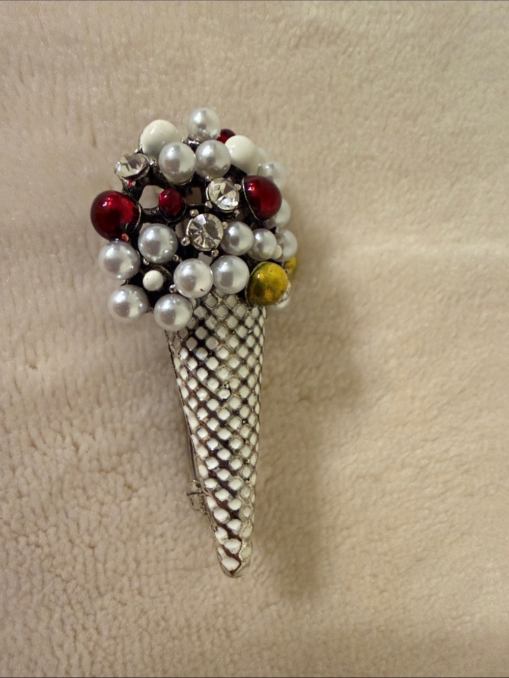 Ice Cream Cone Brooch with Red, White & Gold Accents Vintage inspired